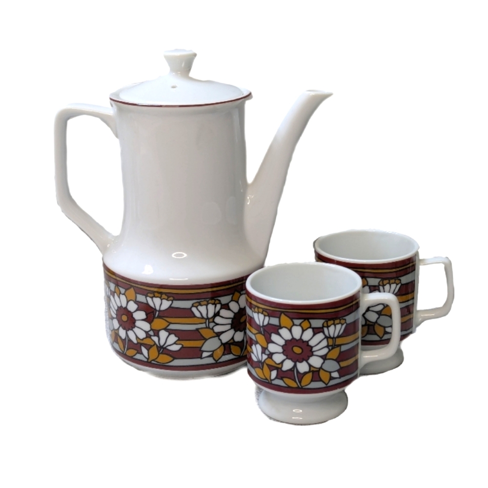 Flower Power Coffee Set - White & Brown Floral Design - Japanese